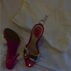 Dior Hot Pink Patent Slide Mules with Multicolor Strap